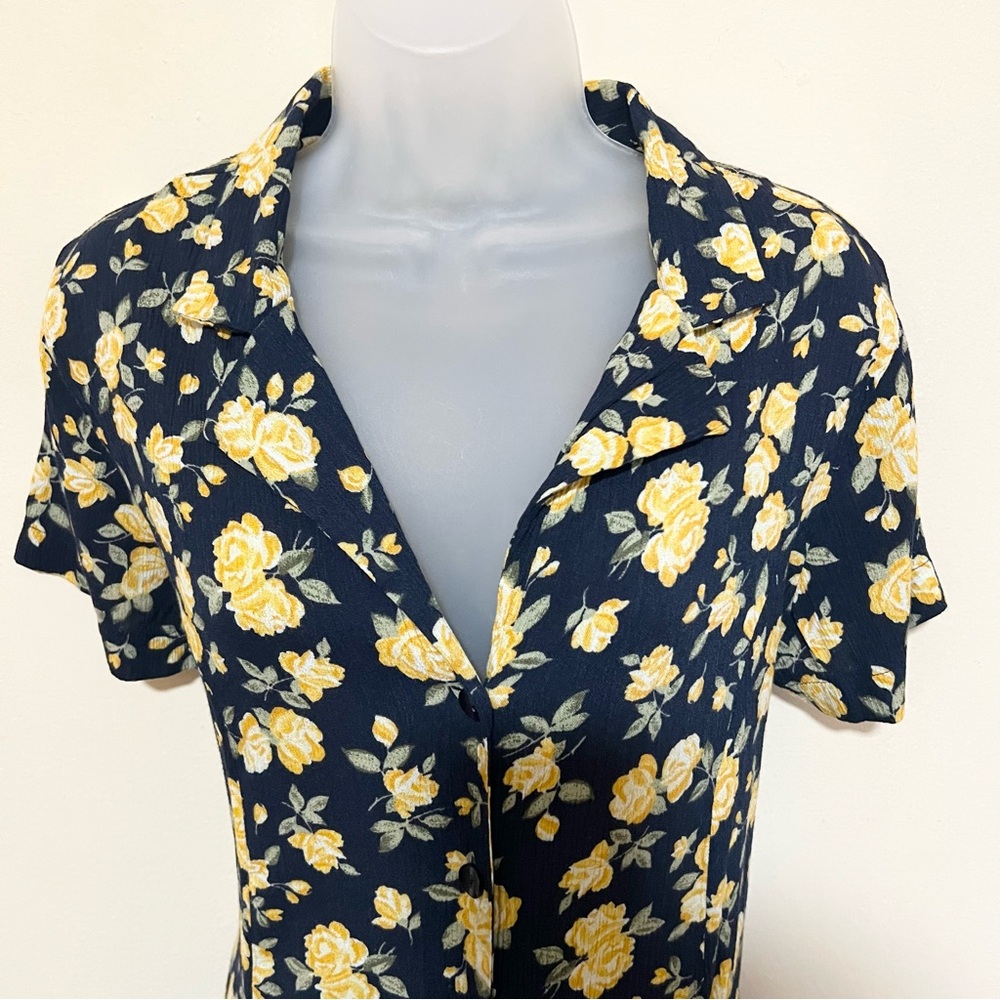 Vintage Fashion Bug 16 Maxi Shirt Dress Collar Button Navy Yellow Floral Women - Picture 3 of 12